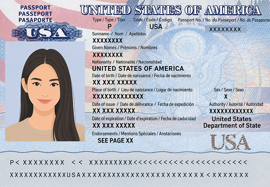 Passport data page, including the machine-readable zone